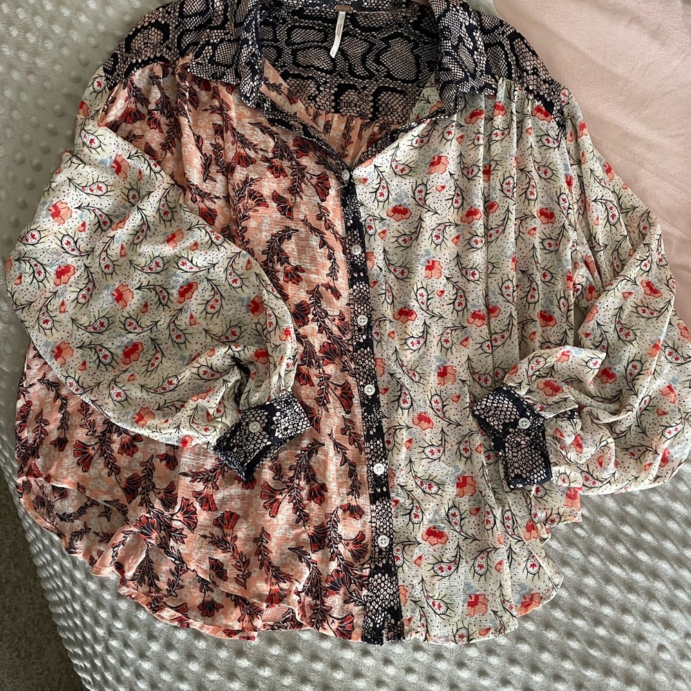 Free People Black and Pink Multi-Patterned Long Sleeve Button Down Blouse - Picture 6 of 8